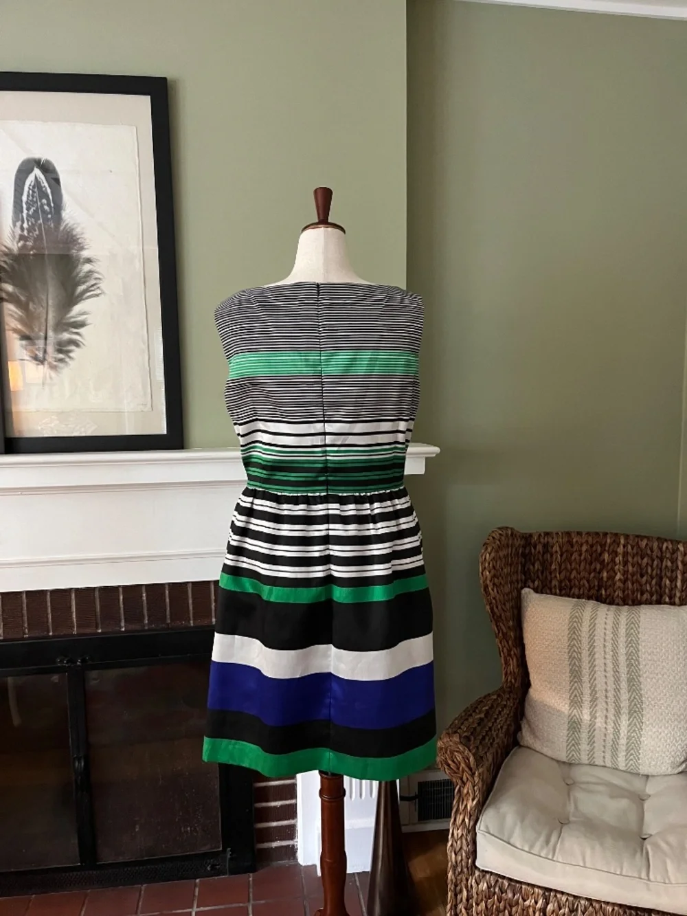 Eloquii Striped Fit & Flare Dress | Emerald, Cobalt & Black | Pockets | - Picture 3 of 6